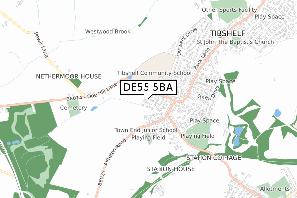 DE55 5BA map - small scale - OS Open Zoomstack (Ordnance Survey)