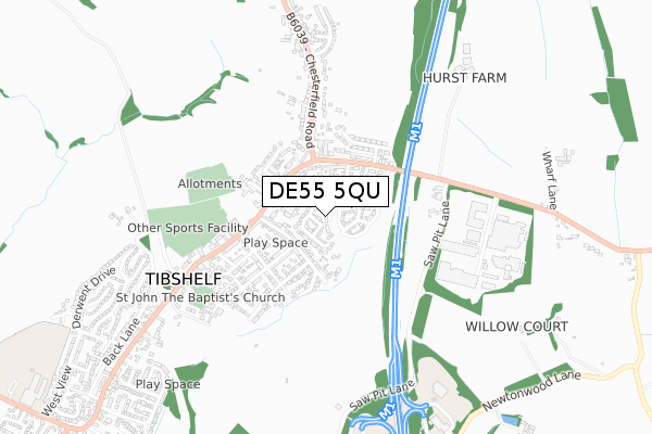 DE55 5QU map - small scale - OS Open Zoomstack (Ordnance Survey)