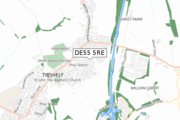 DE55 5RE map - small scale - OS Open Zoomstack (Ordnance Survey)