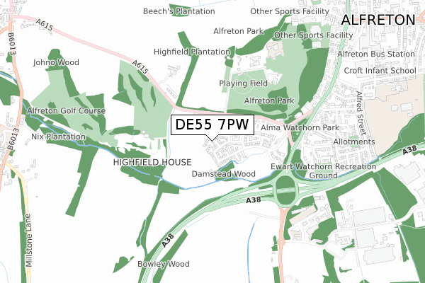 DE55 7PW map - small scale - OS Open Zoomstack (Ordnance Survey)