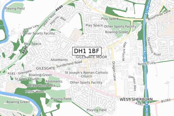 DH1 1BF map - small scale - OS Open Zoomstack (Ordnance Survey)