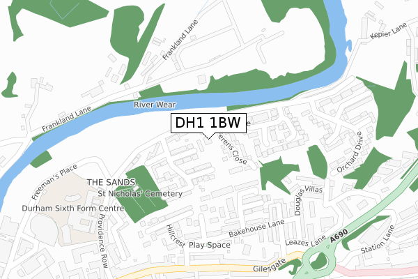 DH1 1BW map - large scale - OS Open Zoomstack (Ordnance Survey)