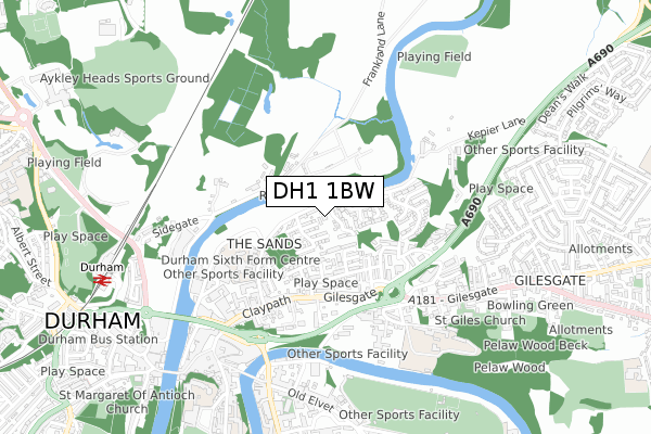 DH1 1BW map - small scale - OS Open Zoomstack (Ordnance Survey)