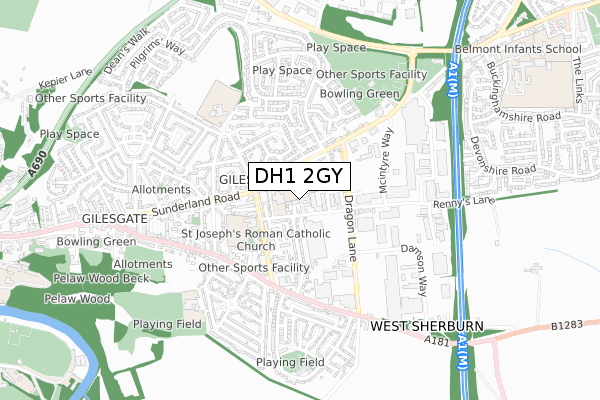DH1 2GY map - small scale - OS Open Zoomstack (Ordnance Survey)