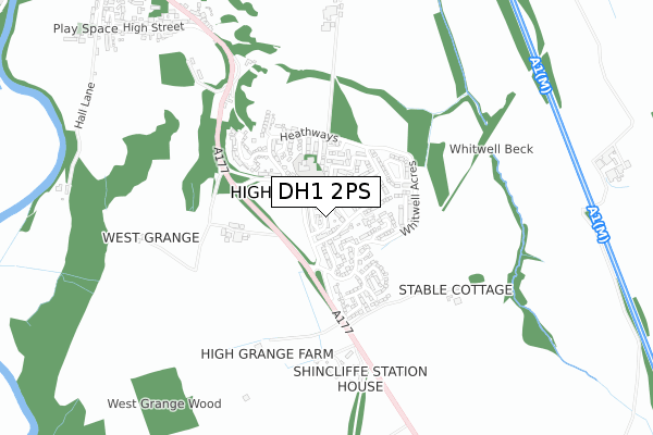 DH1 2PS map - small scale - OS Open Zoomstack (Ordnance Survey)
