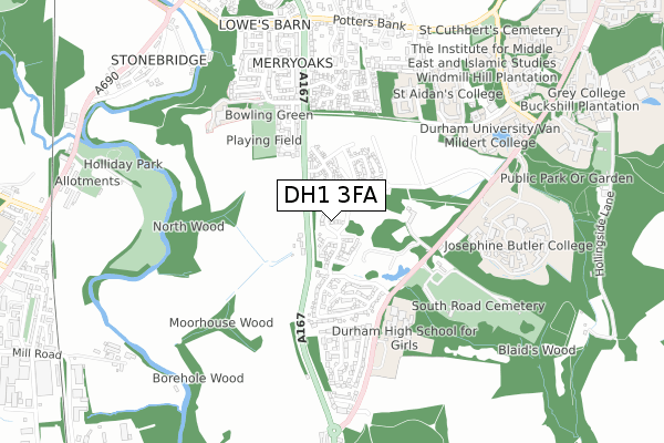 DH1 3FA map - small scale - OS Open Zoomstack (Ordnance Survey)