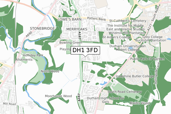 DH1 3FD map - small scale - OS Open Zoomstack (Ordnance Survey)