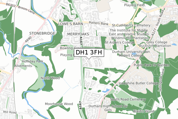 DH1 3FH map - small scale - OS Open Zoomstack (Ordnance Survey)