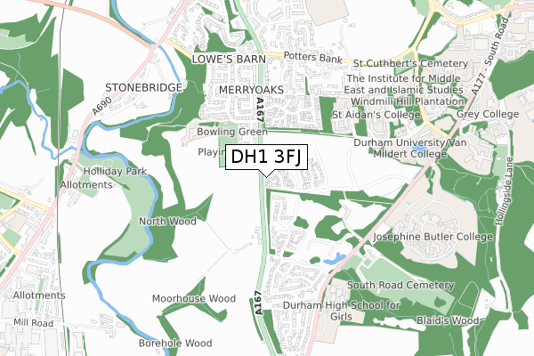 DH1 3FJ map - small scale - OS Open Zoomstack (Ordnance Survey)