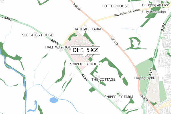 DH1 5XZ map - small scale - OS Open Zoomstack (Ordnance Survey)