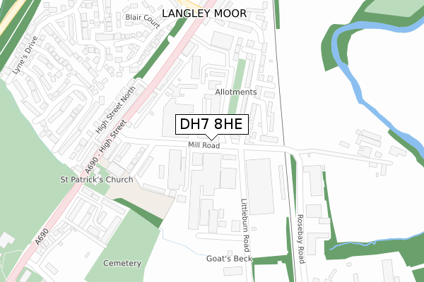 DH7 8HE map - large scale - OS Open Zoomstack (Ordnance Survey)