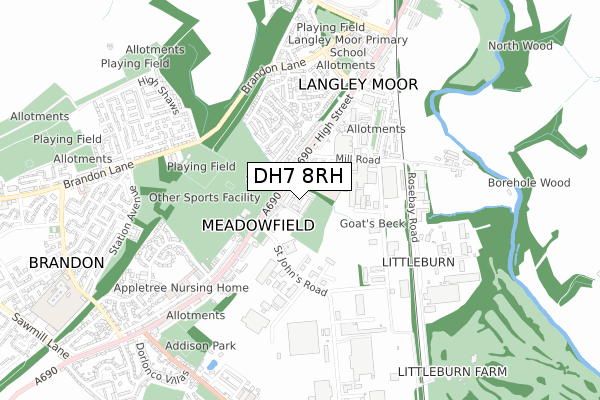 DH7 8RH map - small scale - OS Open Zoomstack (Ordnance Survey)