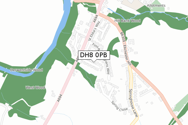DH8 0PB map - large scale - OS Open Zoomstack (Ordnance Survey)
