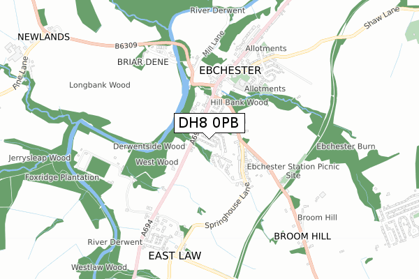 DH8 0PB map - small scale - OS Open Zoomstack (Ordnance Survey)