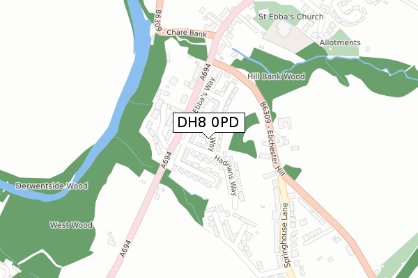 DH8 0PD map - large scale - OS Open Zoomstack (Ordnance Survey)