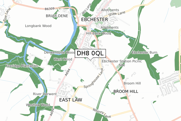 DH8 0QL map - small scale - OS Open Zoomstack (Ordnance Survey)