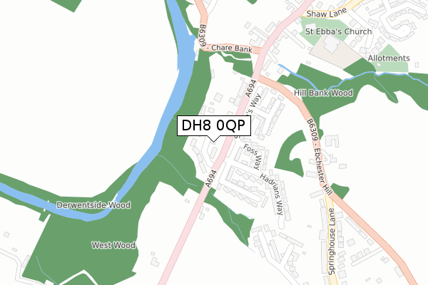 DH8 0QP map - large scale - OS Open Zoomstack (Ordnance Survey)