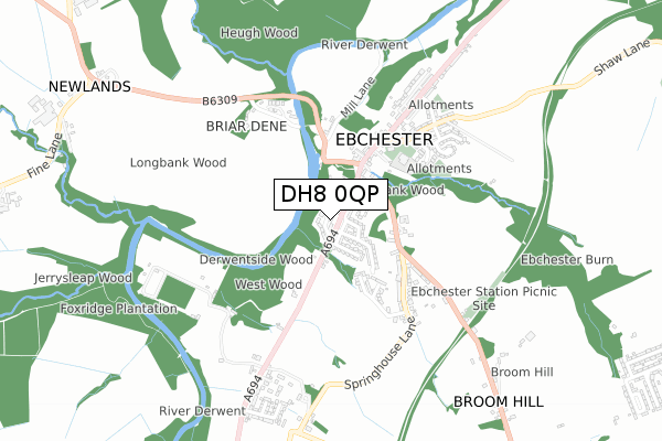 DH8 0QP map - small scale - OS Open Zoomstack (Ordnance Survey)