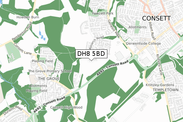 DH8 5BD map - small scale - OS Open Zoomstack (Ordnance Survey)