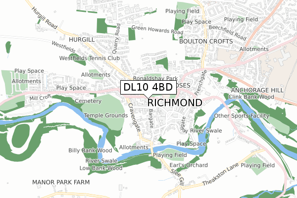 DL10 4BD map - small scale - OS Open Zoomstack (Ordnance Survey)