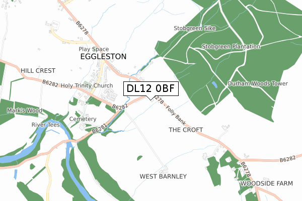 DL12 0BF map - small scale - OS Open Zoomstack (Ordnance Survey)