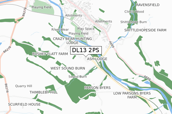 DL13 2PS map - small scale - OS Open Zoomstack (Ordnance Survey)