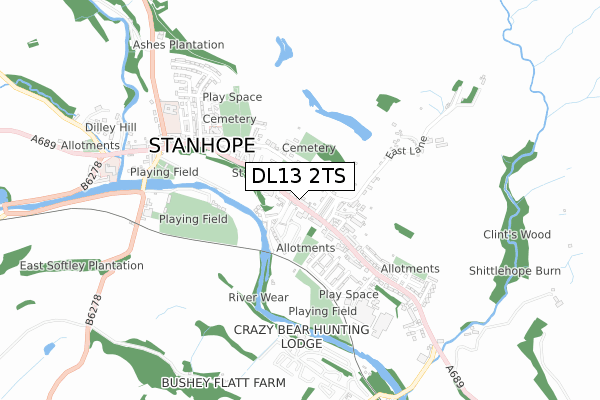 DL13 2TS map - small scale - OS Open Zoomstack (Ordnance Survey)