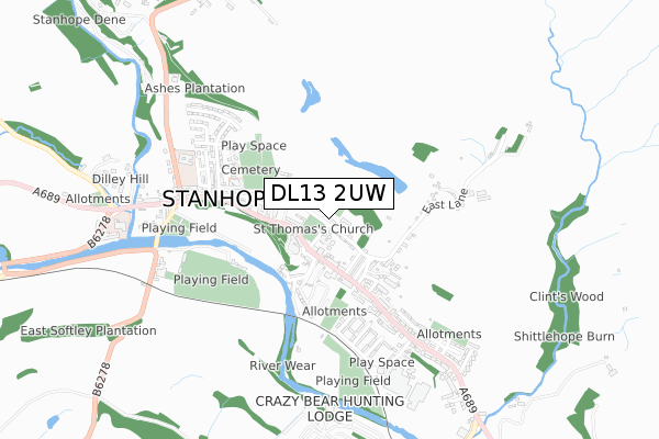 DL13 2UW map - small scale - OS Open Zoomstack (Ordnance Survey)