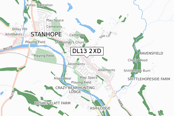 DL13 2XD map - small scale - OS Open Zoomstack (Ordnance Survey)