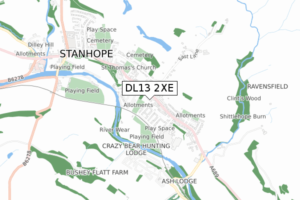 DL13 2XE map - small scale - OS Open Zoomstack (Ordnance Survey)