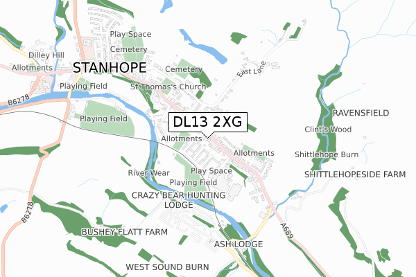 DL13 2XG map - small scale - OS Open Zoomstack (Ordnance Survey)