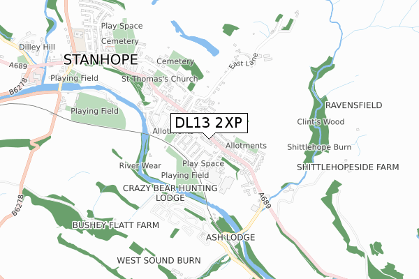 DL13 2XP map - small scale - OS Open Zoomstack (Ordnance Survey)