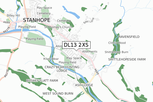 DL13 2XS map - small scale - OS Open Zoomstack (Ordnance Survey)