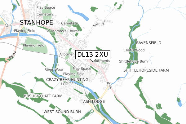 DL13 2XU map - small scale - OS Open Zoomstack (Ordnance Survey)