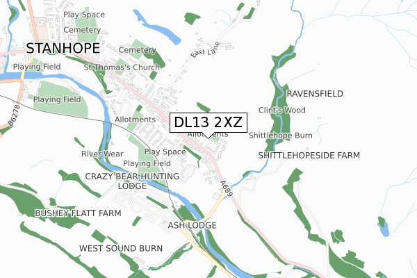 DL13 2XZ map - small scale - OS Open Zoomstack (Ordnance Survey)