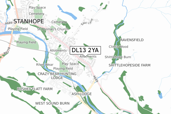 DL13 2YA map - small scale - OS Open Zoomstack (Ordnance Survey)