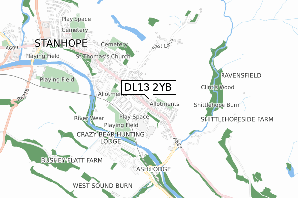 DL13 2YB map - small scale - OS Open Zoomstack (Ordnance Survey)