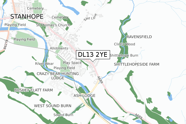 DL13 2YE map - small scale - OS Open Zoomstack (Ordnance Survey)