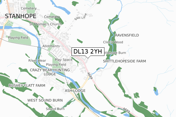 DL13 2YH map - small scale - OS Open Zoomstack (Ordnance Survey)