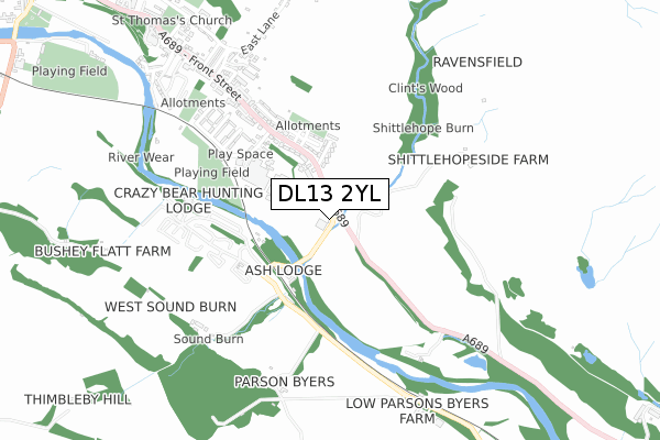 DL13 2YL map - small scale - OS Open Zoomstack (Ordnance Survey)