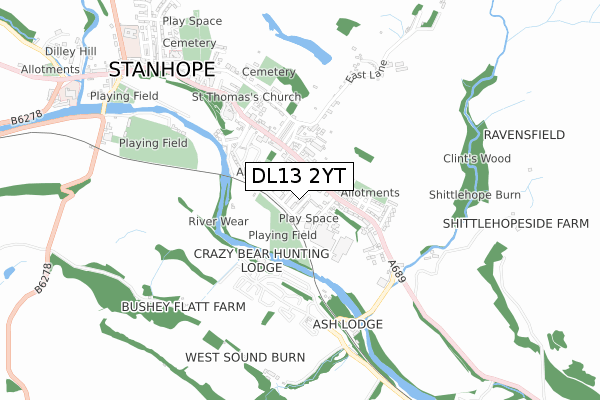 DL13 2YT map - small scale - OS Open Zoomstack (Ordnance Survey)