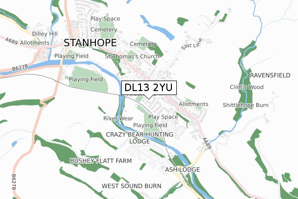 DL13 2YU map - small scale - OS Open Zoomstack (Ordnance Survey)