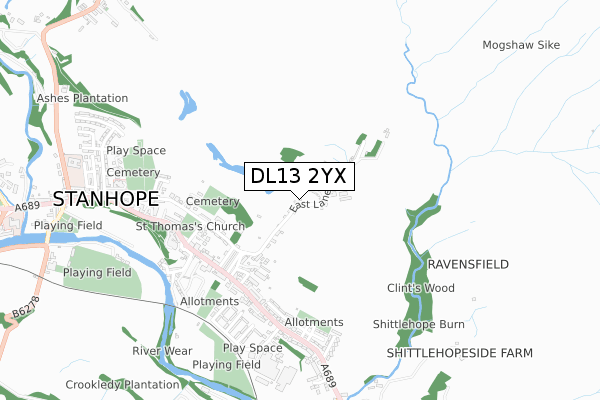 DL13 2YX map - small scale - OS Open Zoomstack (Ordnance Survey)