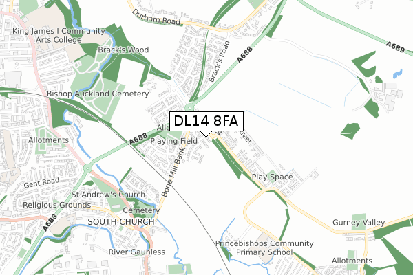 DL14 8FA map - small scale - OS Open Zoomstack (Ordnance Survey)