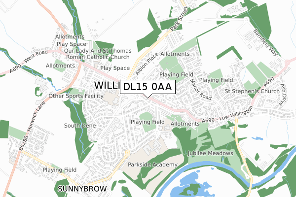 DL15 0AA map - small scale - OS Open Zoomstack (Ordnance Survey)