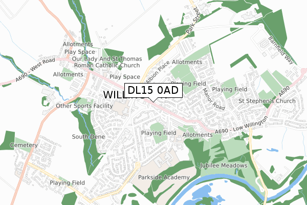 DL15 0AD map - small scale - OS Open Zoomstack (Ordnance Survey)