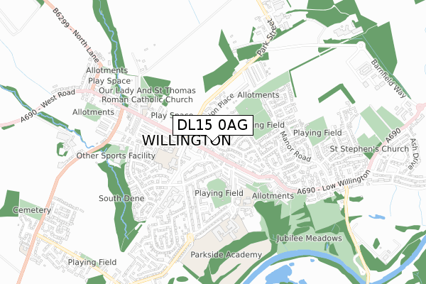 DL15 0AG map - small scale - OS Open Zoomstack (Ordnance Survey)