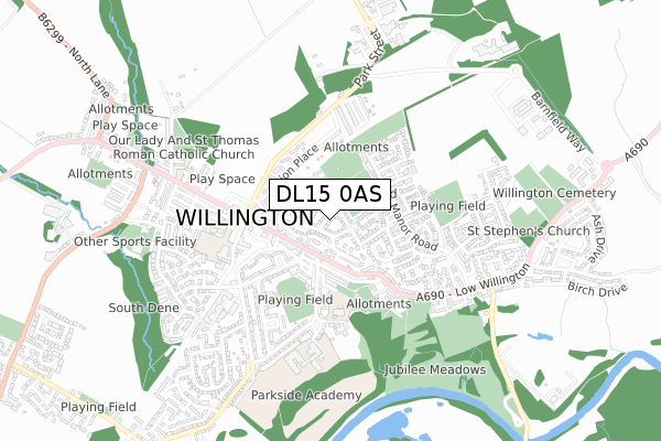 DL15 0AS map - small scale - OS Open Zoomstack (Ordnance Survey)