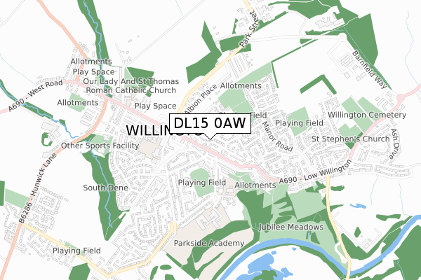 DL15 0AW map - small scale - OS Open Zoomstack (Ordnance Survey)