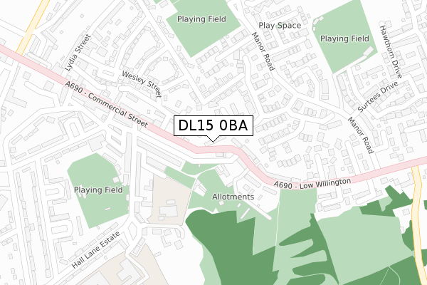 DL15 0BA map - large scale - OS Open Zoomstack (Ordnance Survey)